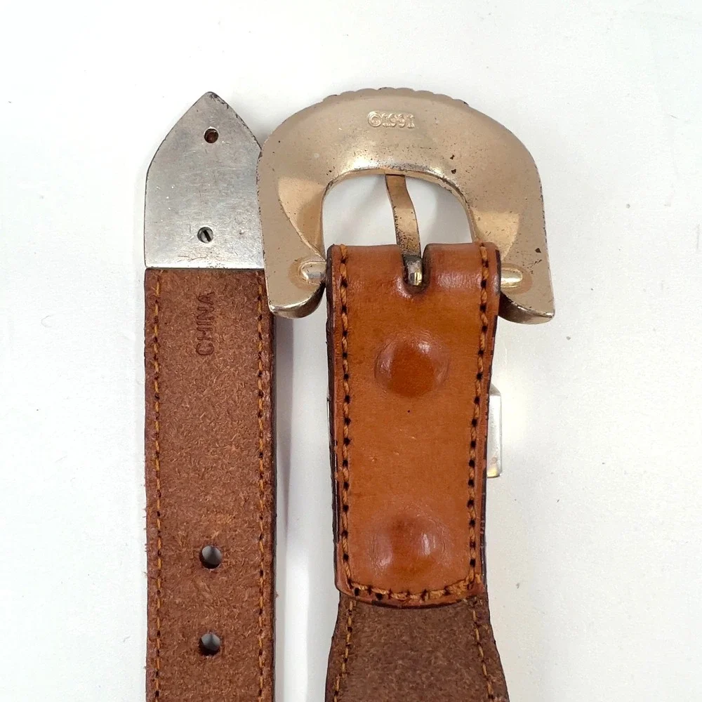 Vintage 1991 Mens Western Leather Belt Braided Edge Silver Engraved Buckle 38